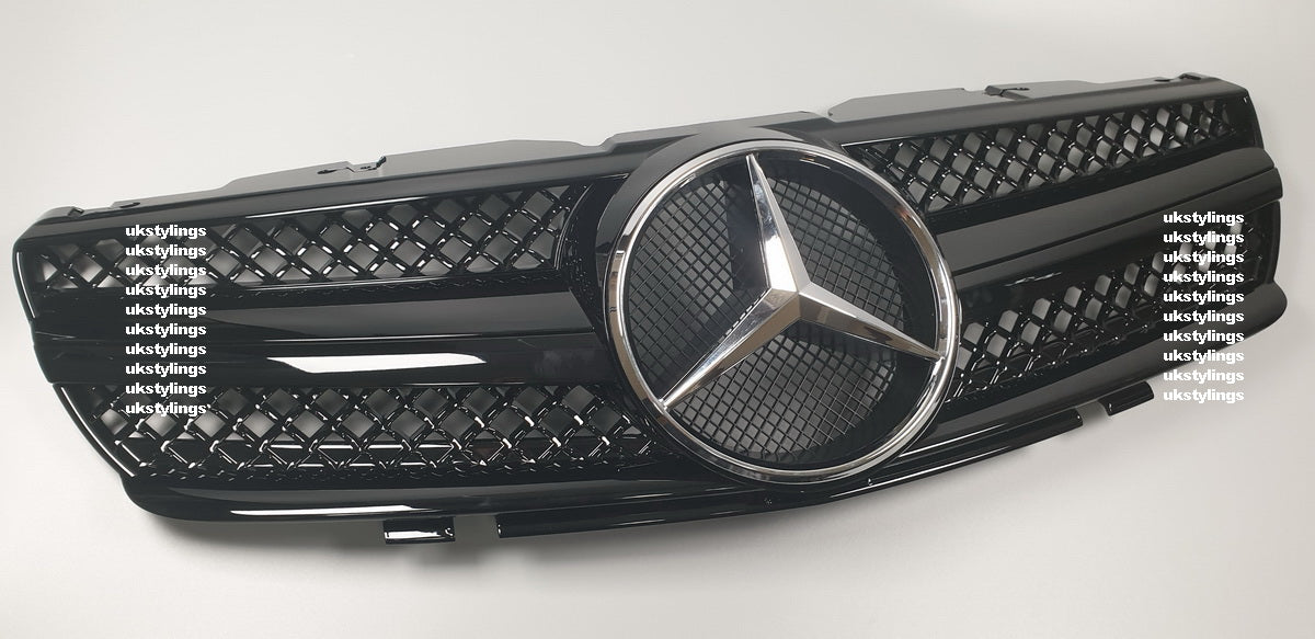 Mercedes R230 SL-class 1 fins front sports grille 2003-2006 SL500 SL600 SL63 (glossy black)