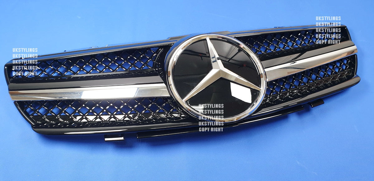 Mercedes R230 SL-class 1-fins front sports grille chrome & black 2003-2006 only (distronic)