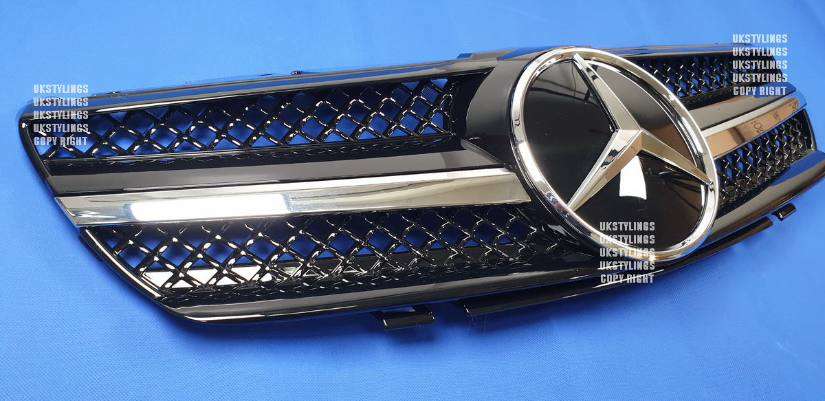 Mercedes R230 SL-class 1-fins front sports grille chrome & black 2003-2006 only (distronic)