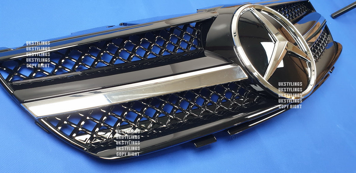 Mercedes R230 SL-class 1-fins front sports grille chrome & black 2003-2006 only (distronic)