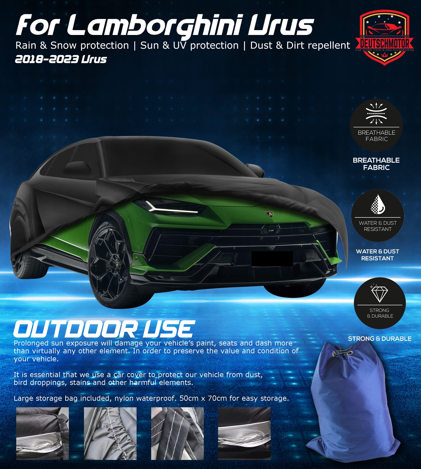 Deutschmotor for Lamborghini Urus 2018-2023 outdoor car cover Rain Snow Sun UV dust gust straps