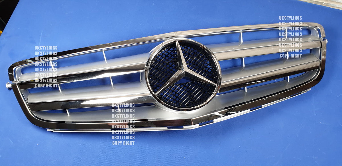 W204 4 Fin mesh SILVER grille front sports C220 C300 C350 for Mercedes C-class (24c)