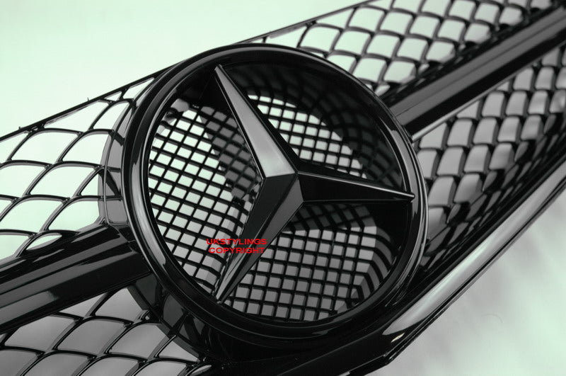 For C63 W204 1 Fin mesh front sports grille C63 AMG model use only (24e) + Upper trim all glossy black for Mercedes