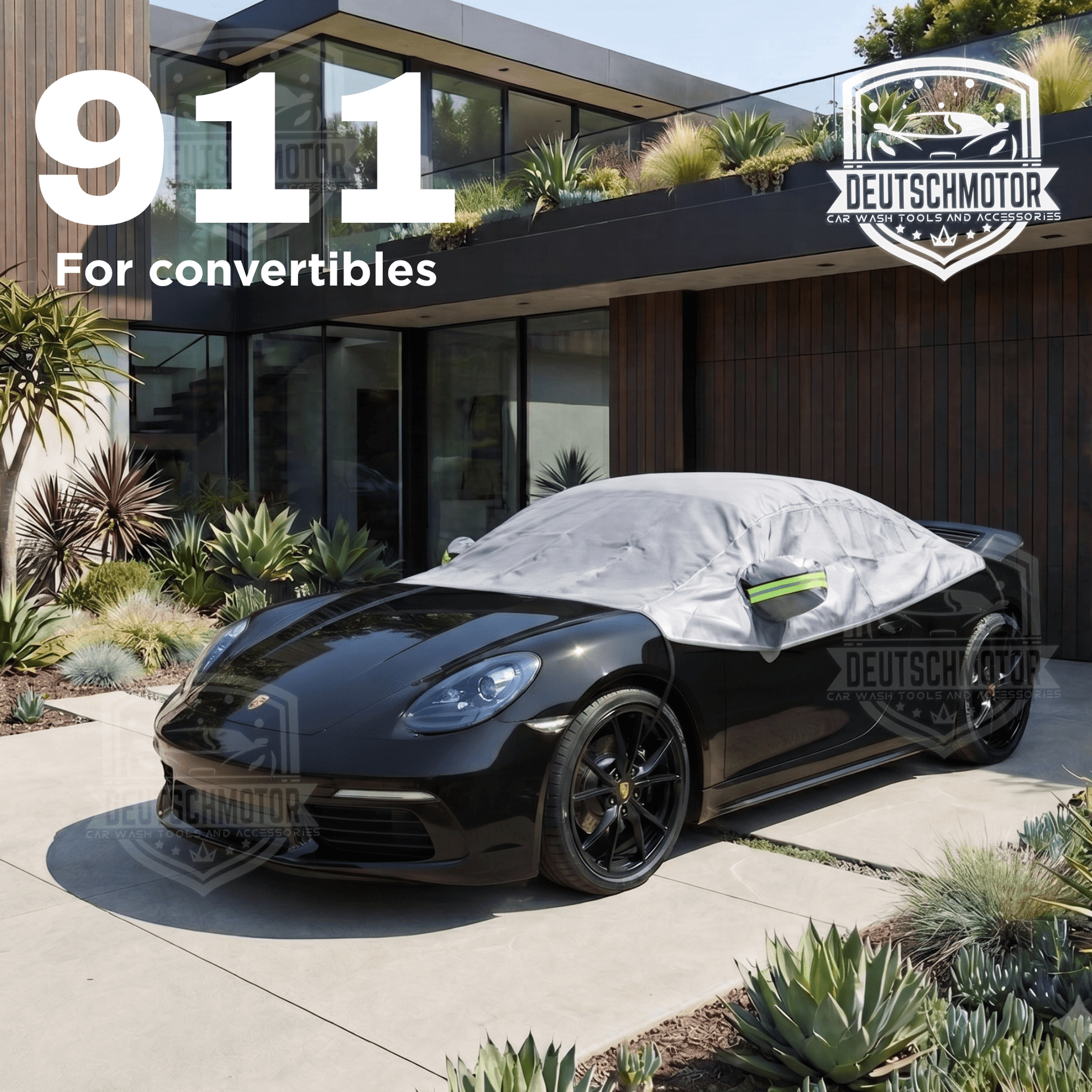 Deutschmotor compact car cover shown on vehicle, durable weather-resistant material, quick installation for all-weather protection.