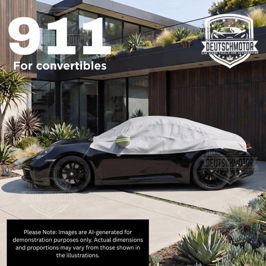 Deutschmotor compact car cover draped over vehicle, showcasing fast installation and durable protection against weather elements.
