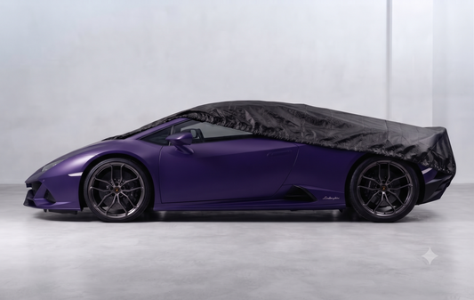 Deutschmotor Lamborghini Aventador 2011-2022 outdoor waterproof car cover protecting the bright yellow supercar from rain and weather.