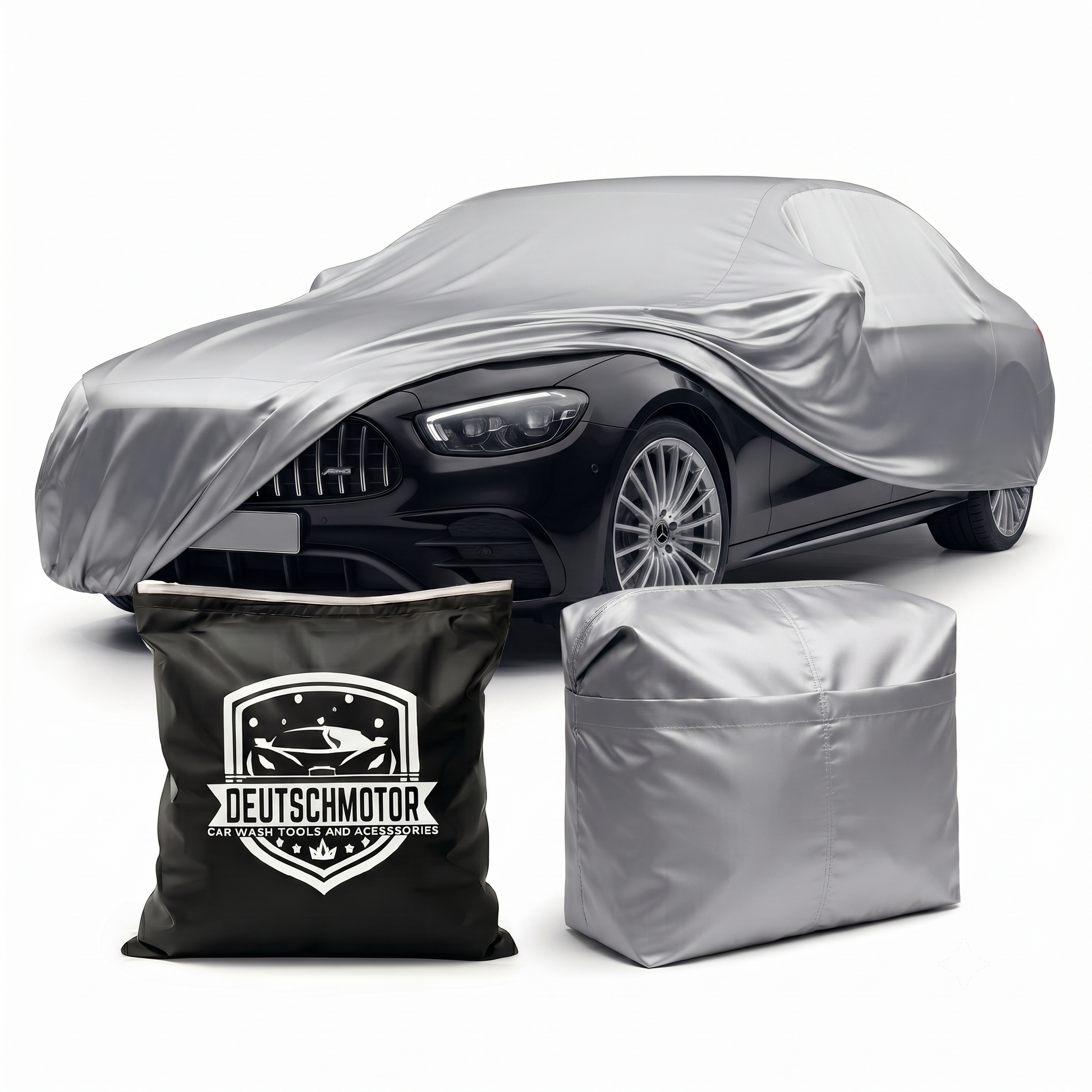 Mercedes W222 car cover by Deutschmotor, UV protection for 2014-2026 S-Class, durable fabric, fits W221, W222, W223 models.