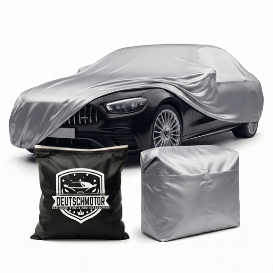 Mercedes W222 car cover by Deutschmotor, UV protection for 2014-2026 S-Class, durable fabric, fits W221, W222, W223 models.