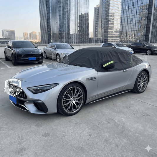 Deutschmotor waterproof UV shield car cover for coupe, weather protection for soft top, providing UV and rain resistance.