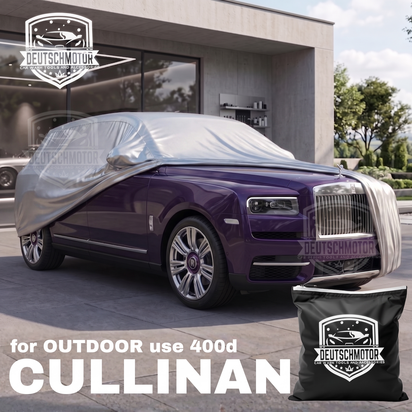 Deutschmotor Cullinan outdoor car cover, custom-made for outdoor protection, shown on a vehicle in a clear, detailed view.