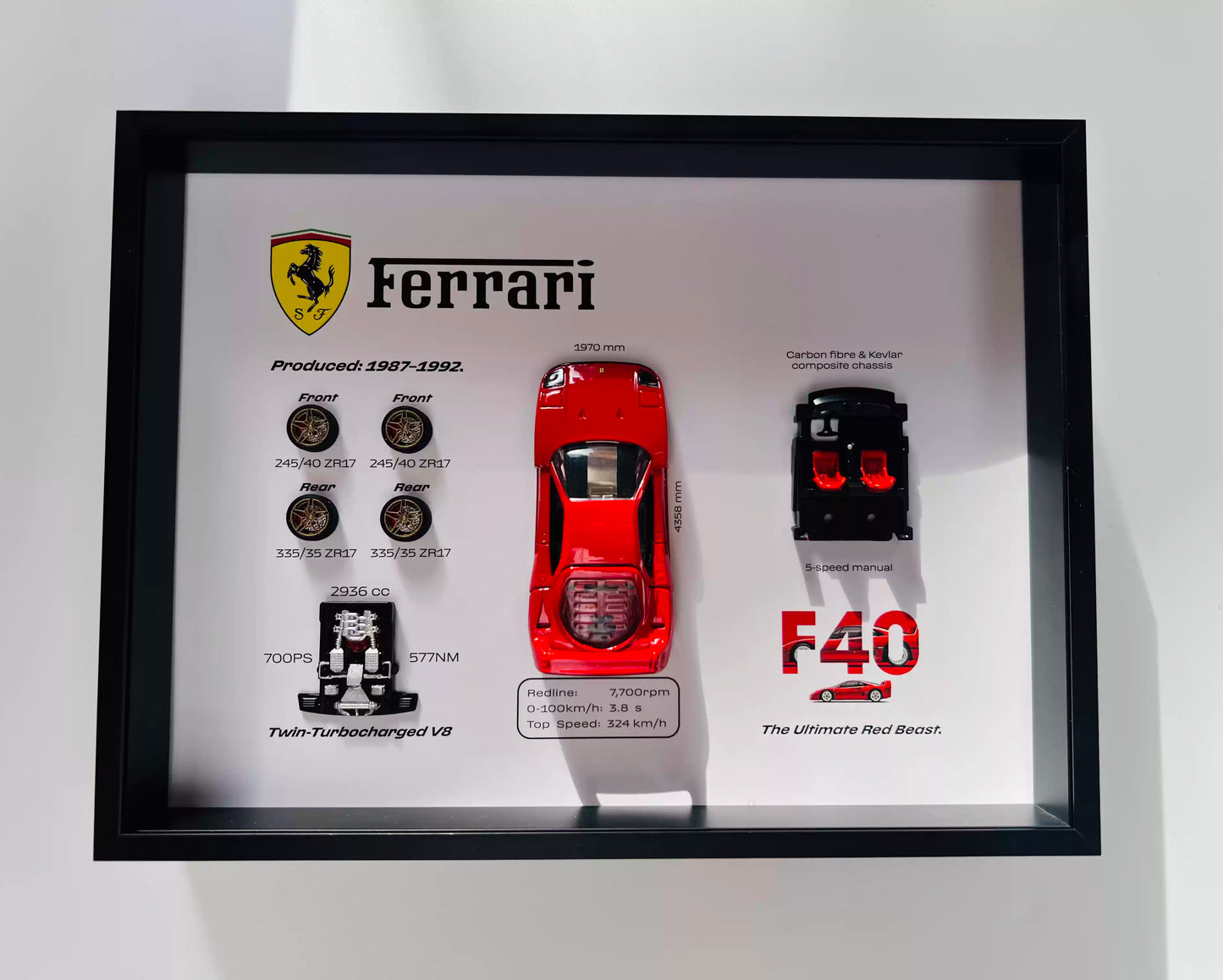Ferrari F40 Supercar Framed Display Shadow Box 15.2x20.3cm