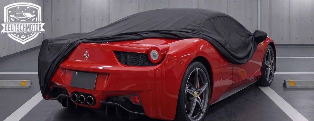 Deutschmotor Ferrari 458 488 Italia indoor car cover protecting against sun, UV rays, and dust for showroom display.