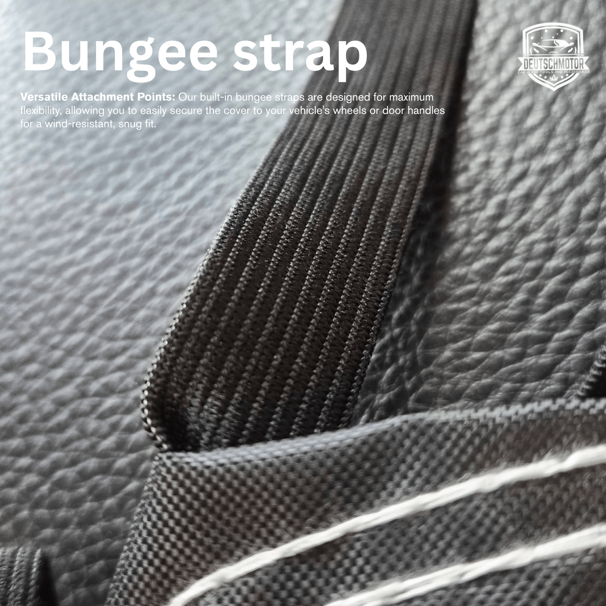 Deutschmotor compact car cover with bungee straps for fast installation and durable protection against weather elements.
