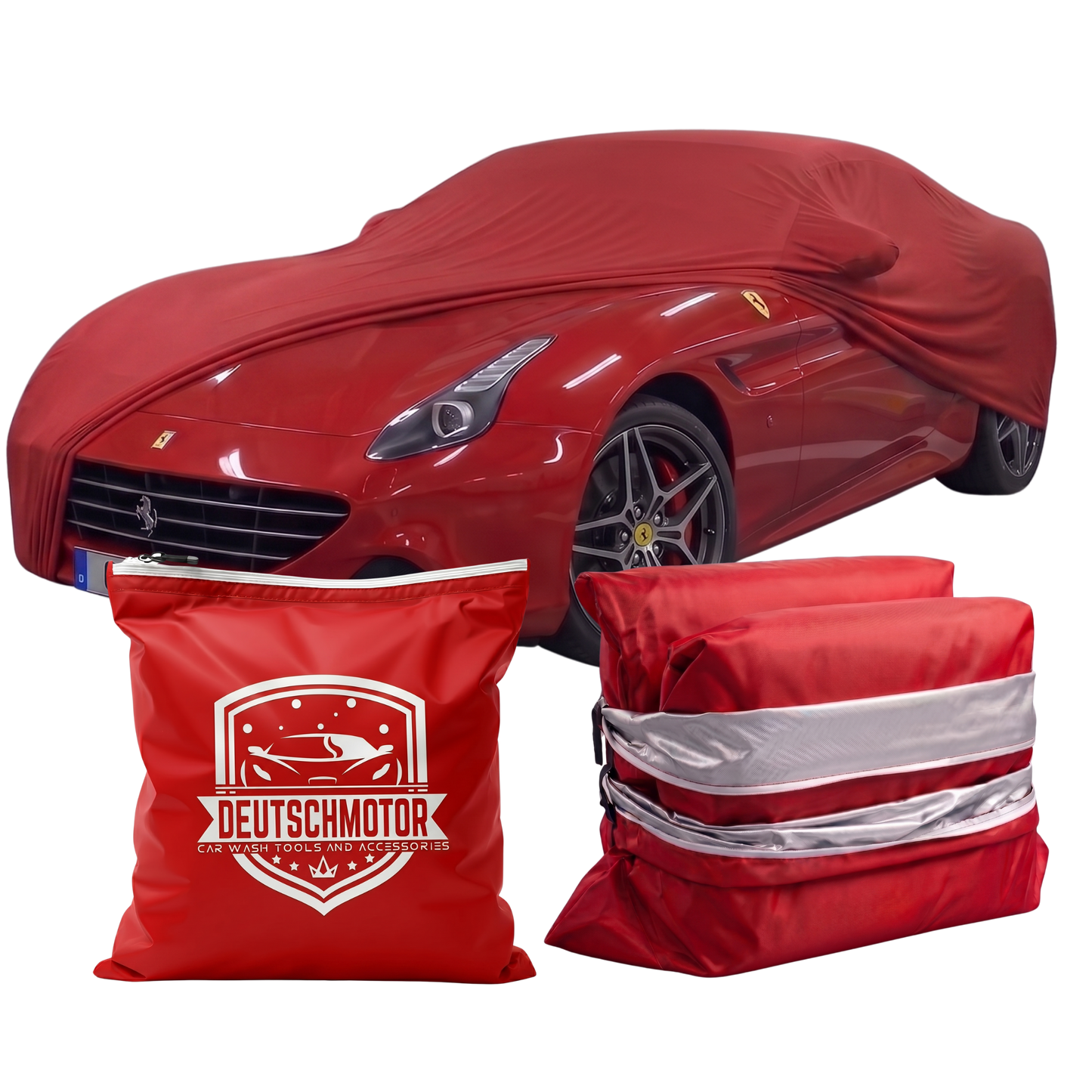Red Ferrari California car cover by Deutschmotor, UV, waterproof, dust-resistant outdoor protection for the vehicle.