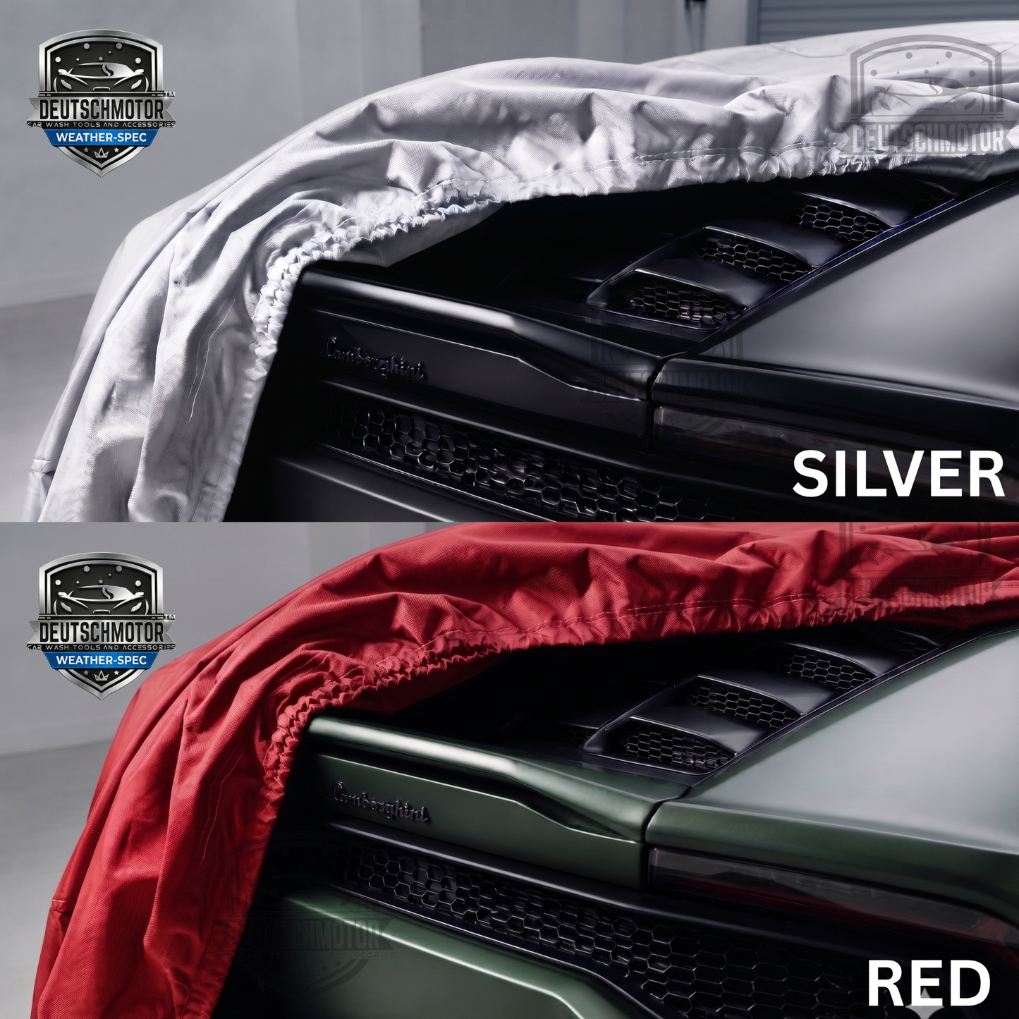 Deutschmotor Ferrari California car cover protects against UV sun, dust, and water, ensuring outdoor vehicle protection.