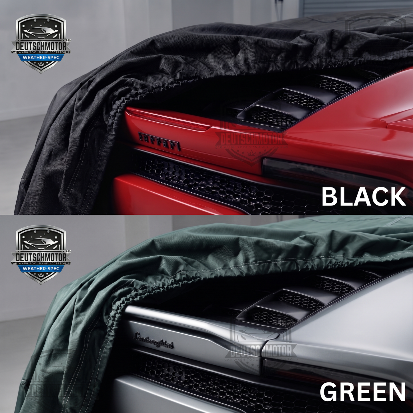 Deutschmotor Ferrari California car cover in blue, UV and waterproof protection, dust-resistant, designed for outdoor vehicle protection.