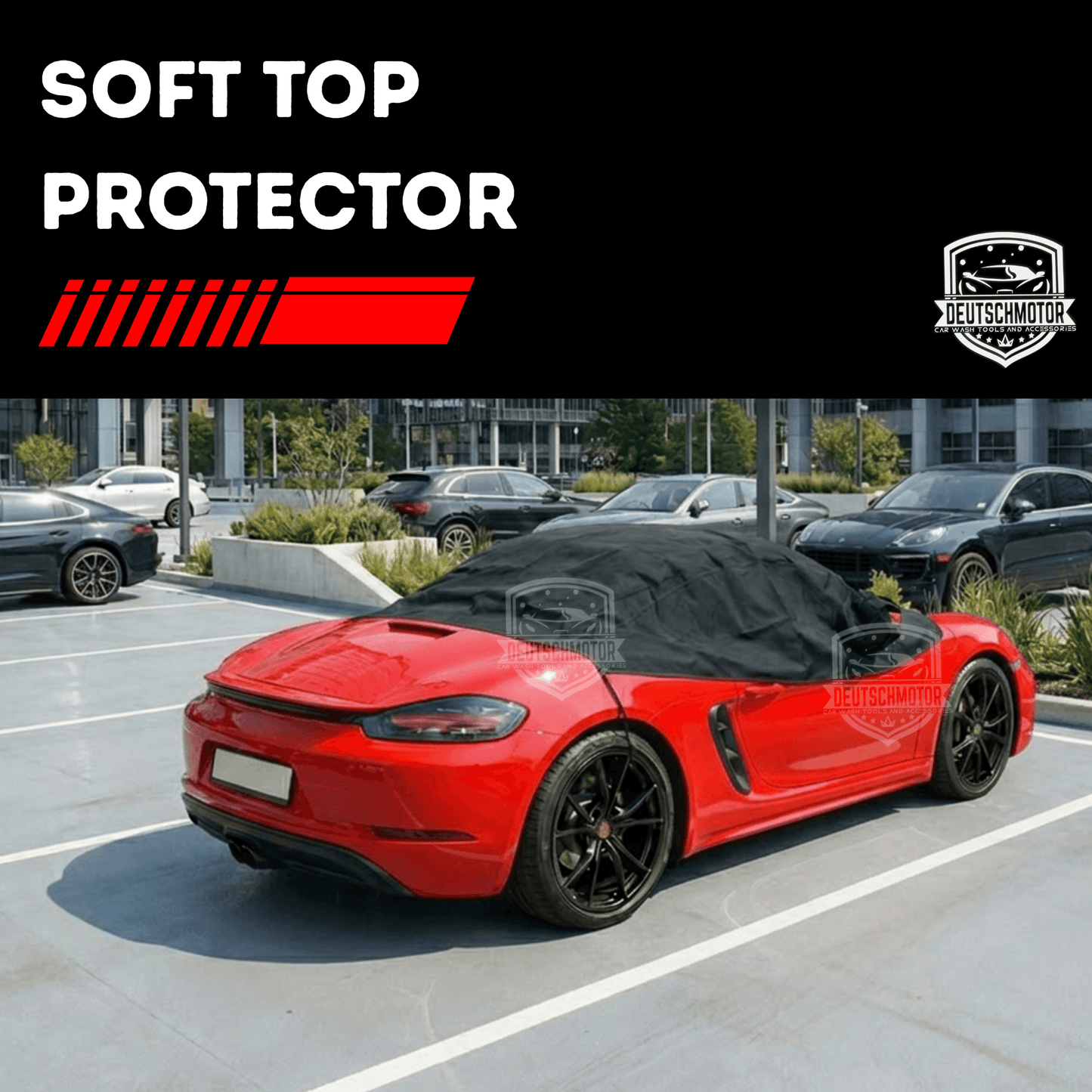 Weather protection for soft top: Waterproof cover demo on 718 convertible with full coverage.