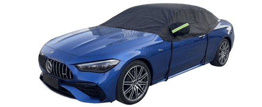 Weather protection for soft top convertible with waterproof UV shield cover in blue.