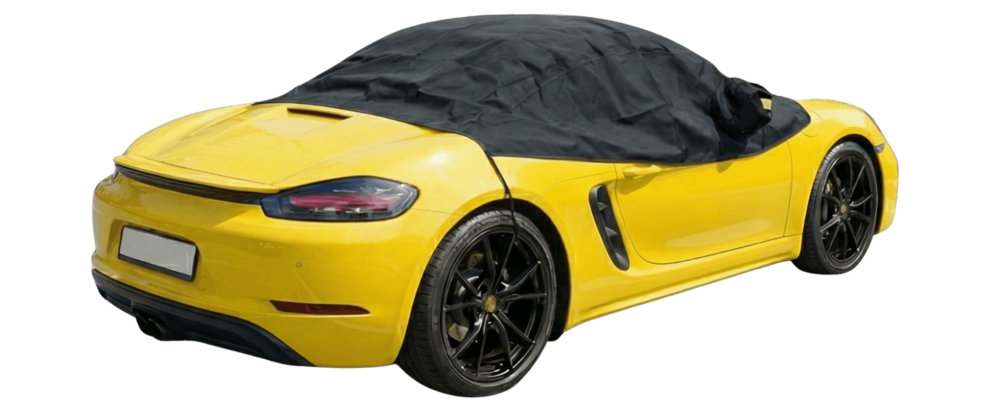 Weather protection for soft top: Waterproof cover demo on Mustang convertible with full coverage.