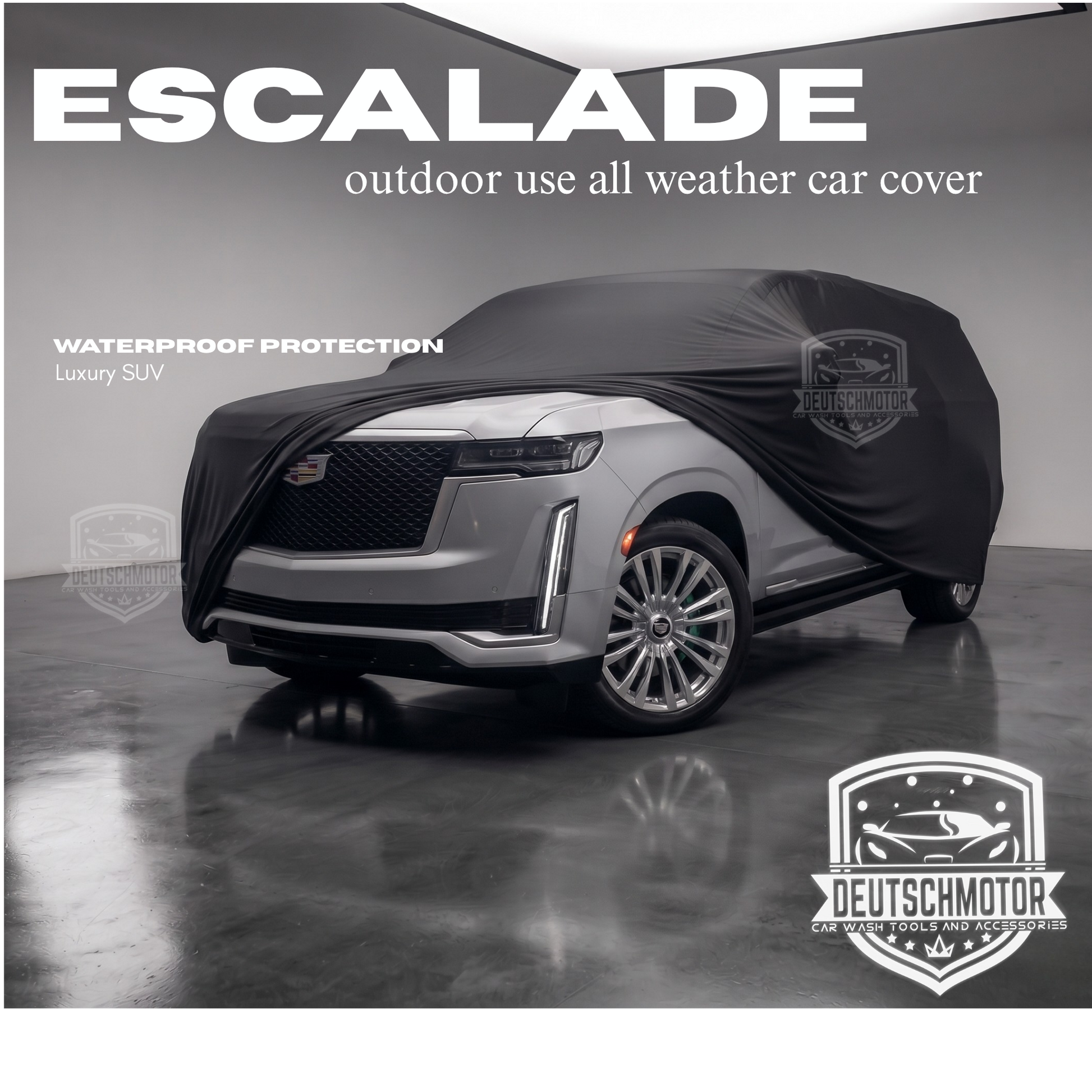Deutschmotor Escalade weather protection car cover draped over a large SUV, designed to shield against outdoor elements.