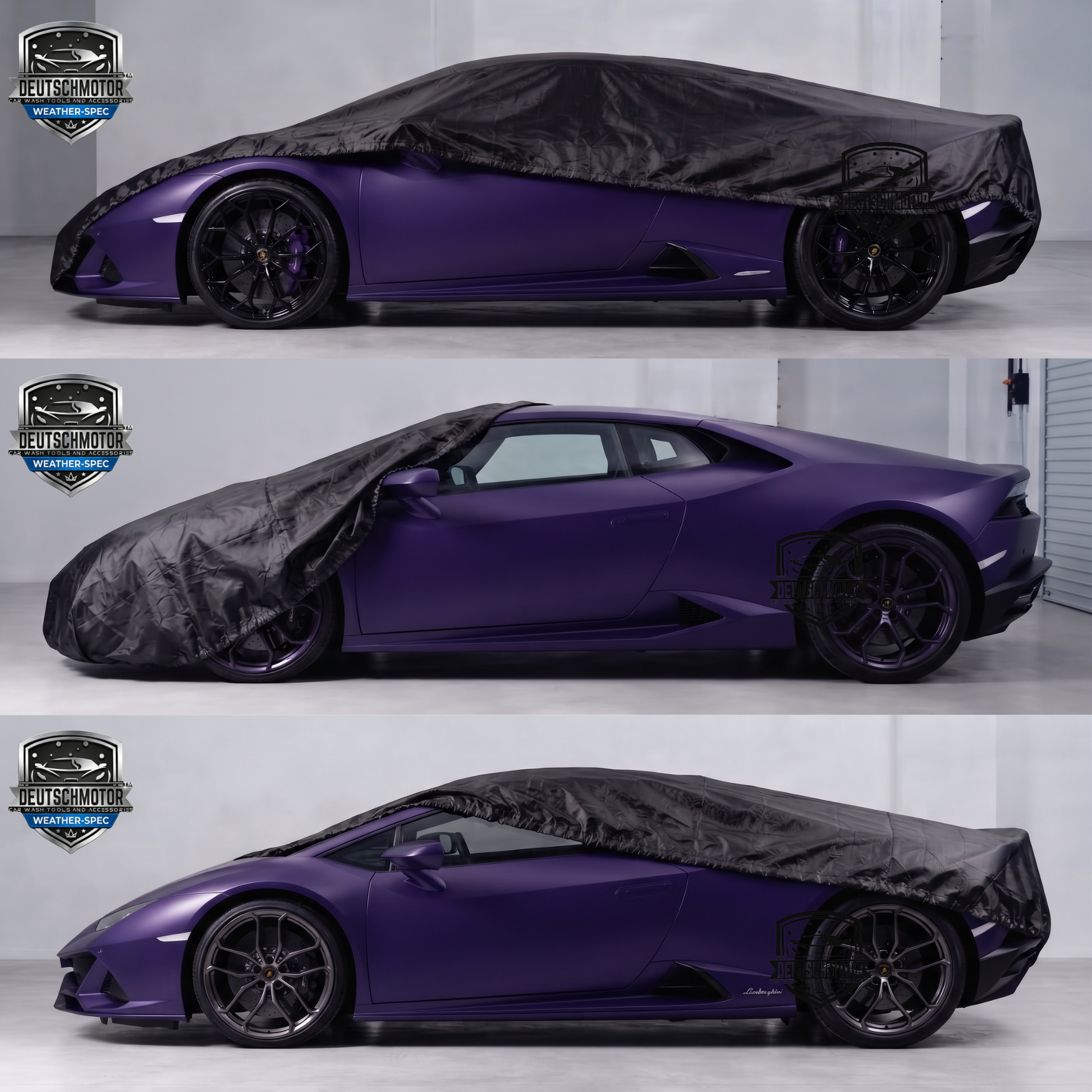 Purple Lamborghini Aventador outdoor car cover by Deutschmotor, waterproof and rain-resistant for 2011-2022 models.
