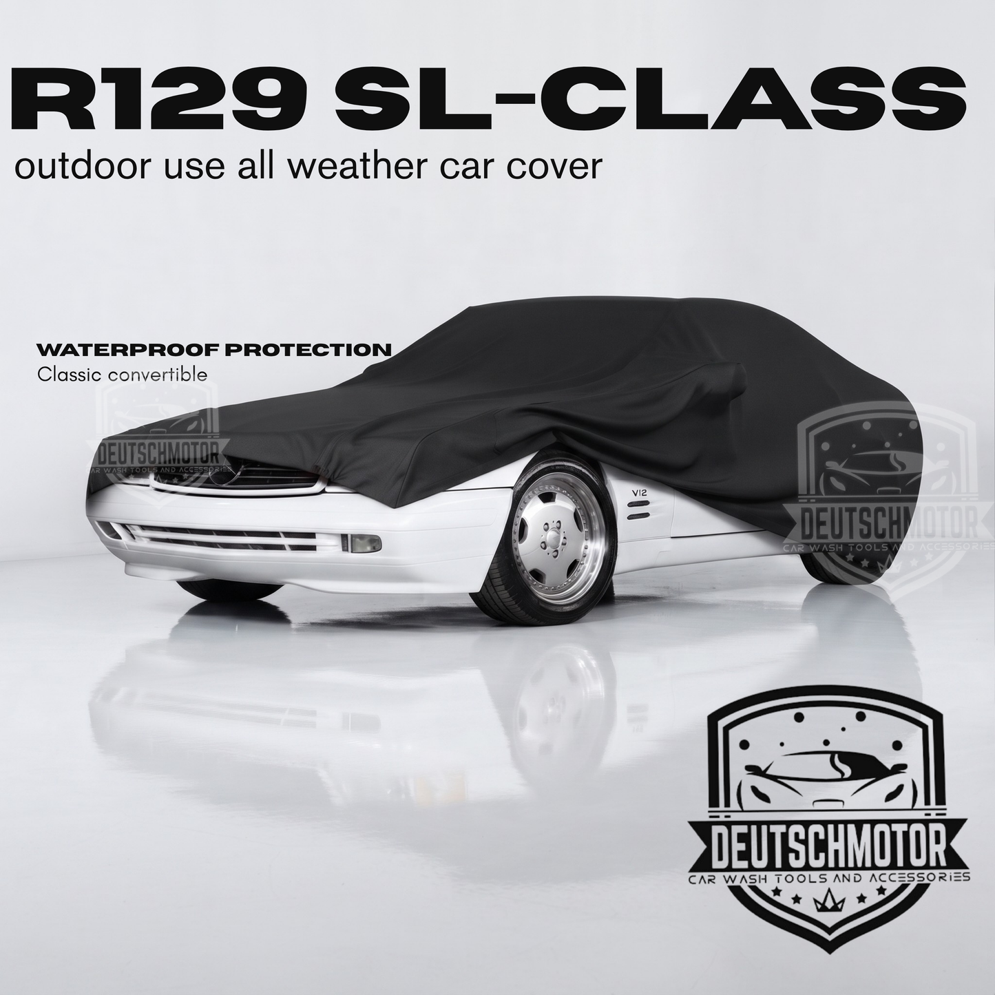Deutschmotor R129 1990-2002 SL-class car cover for SL500, SL600, SL63 AMG outdoor protection, shown on a vehicle.