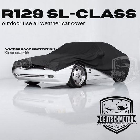 Deutschmotor R129 1990-2002 SL-class car cover for SL500, SL600, SL63 AMG outdoor protection, shown on a vehicle.