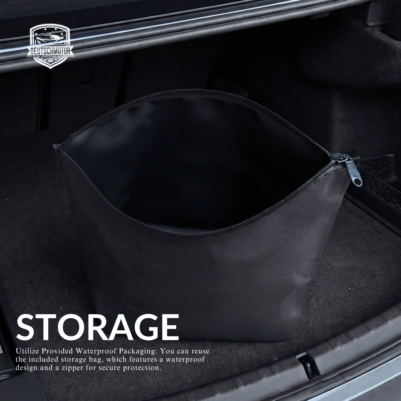 Deutschmotor waterproof car cover for coupe soft tops, UV shield and weather protection, stored in a compact storage bag.
