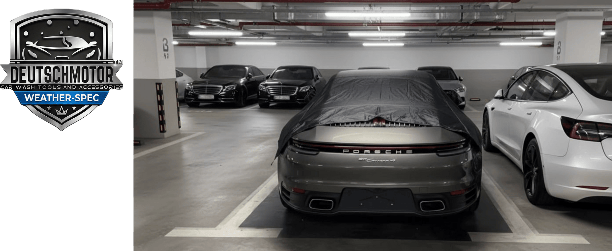 Weather protection for soft top: Waterproof cover demo on Mustang convertible with full coverage.