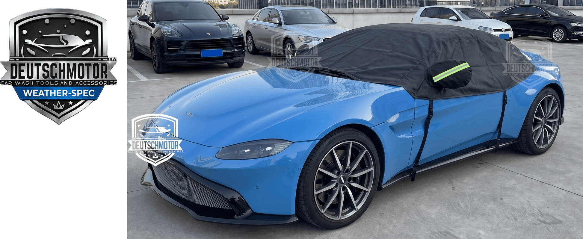 Weather protection for soft top: Waterproof cover demo on Vantage convertible with full coverage.