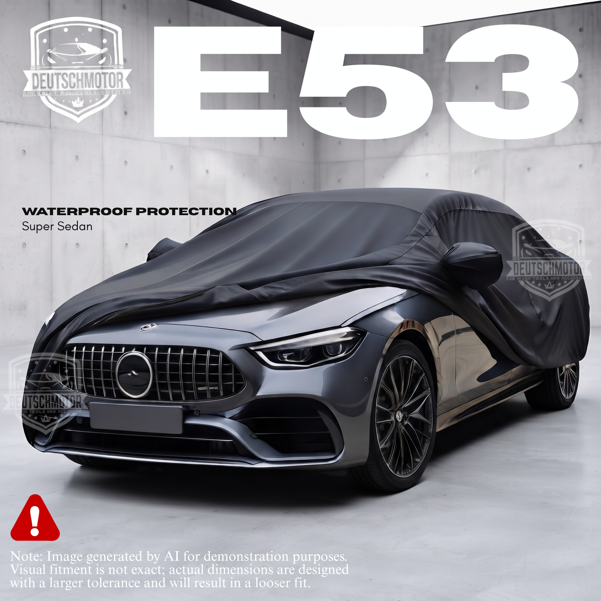 Deutschmotor semi-custom full-size Mercedes E-class sedan car cover, tailored for models 183-195 inches, waterproof and durable.