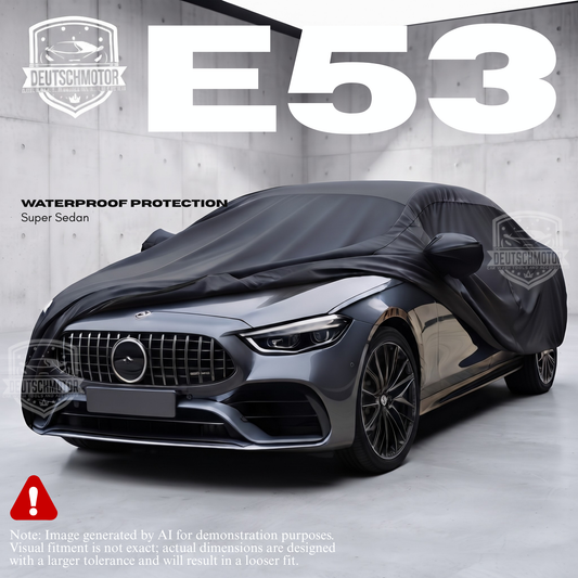 Deutschmotor semi-custom full-size Mercedes E-class sedan car cover, tailored for models 183-195 inches, waterproof and durable.
