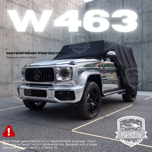 Deutschmotor W463 short wheel base Mercedes car cover protecting the vehicle from weather and dust.