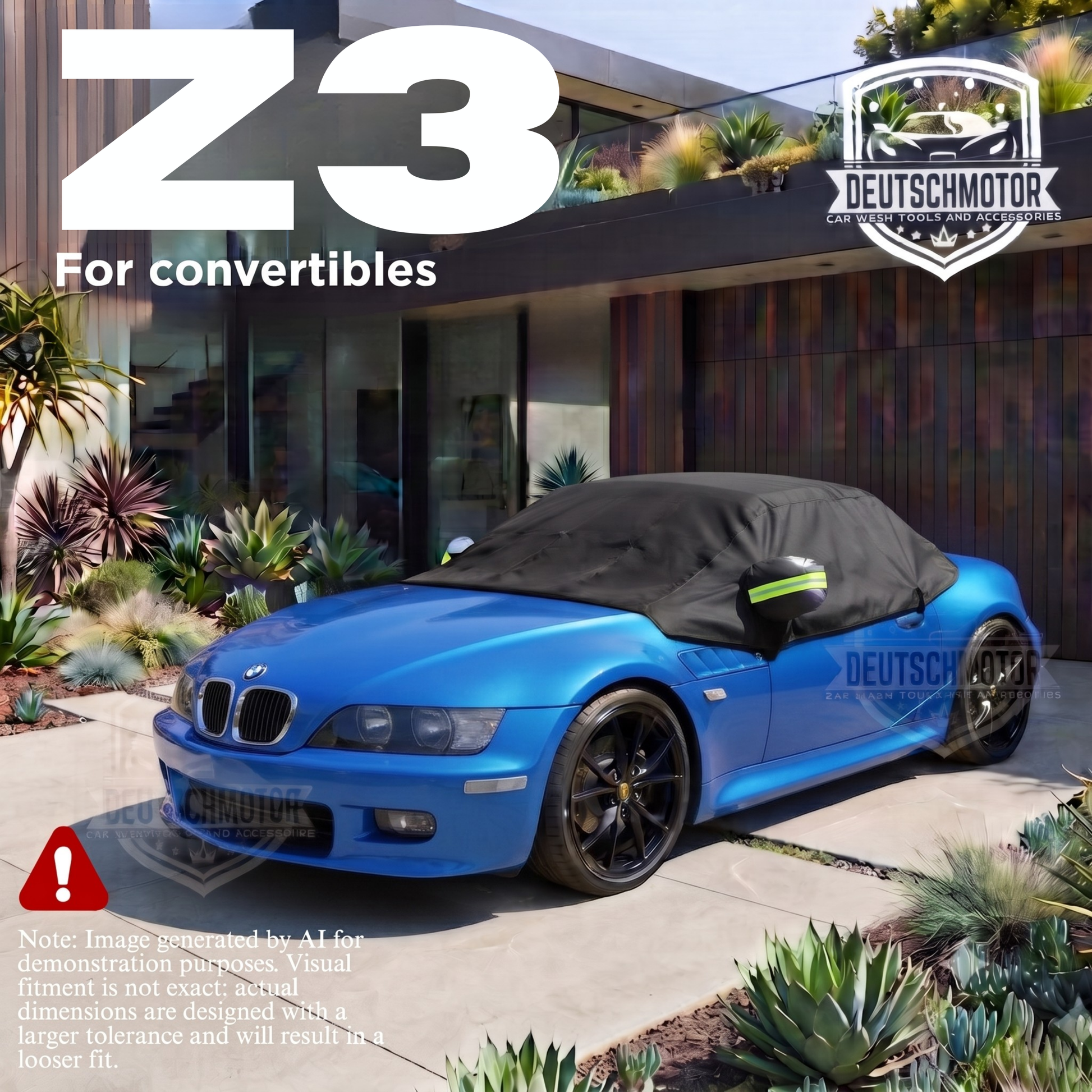 Deutschmotor compact convertible car cover protecting vehicle from weather elements, fast installation, durable outdoor protection.